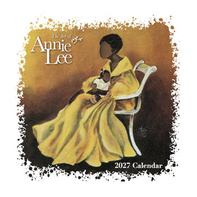 The Art of Annie Lee 2027 Collectible Wall Calendar (Main) - Square wall art print for The Art of Annie Lee 2027 Calendar, featuring a painted scene of a woman in a flowing yellow dress seated on a white chair against a warm brown and gold background, with a distressed splatter border around the artwork.