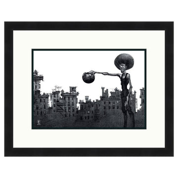 The Baller by Justin Bua (Double Matted with Black Frame) -  The Baller by Justin Bua, black double-mat frame, streetball wall art