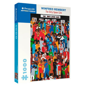 The Dirty Spoon Cafe by Winfred Rembert: African American Jigsaw Puzzle (Main) - Pomegranate ArtPiece Puzzle box with colorful illustration of people at 'The Dirty Spoon Cafe' by Winfred Rembert.