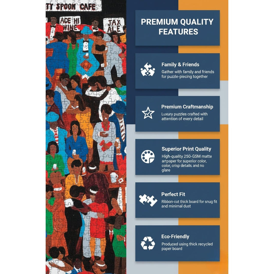 The Dirty Spoon Cafe by Winfred Rembert: African American Jigsaw Puzzle (Infographic) - Promotional poster for a puzzle with colorful illustration and text about premium quality features.