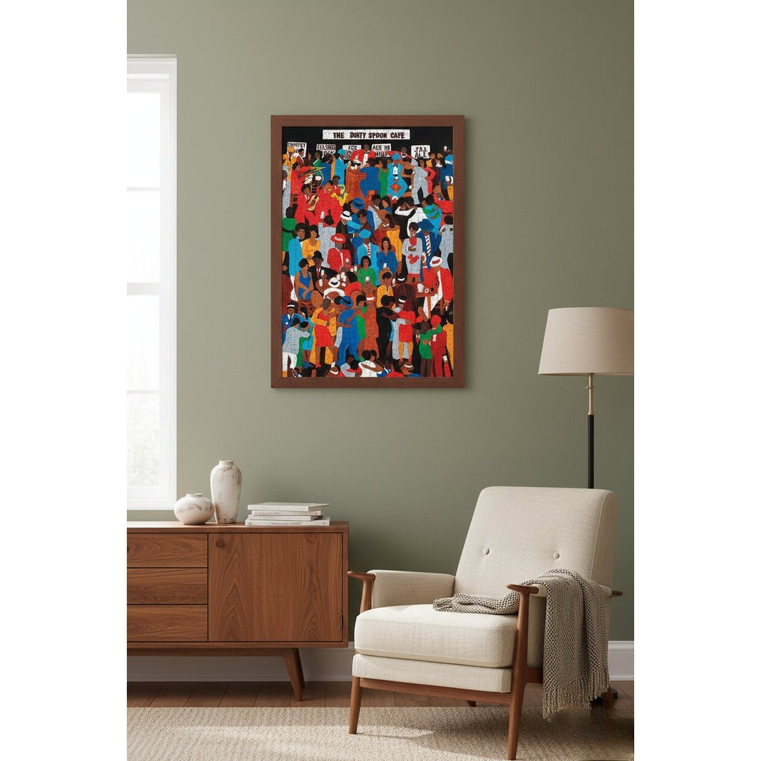 The Dirty Spoon Cafe by Winfred Rembert: African American Jigsaw Puzzle (Lifestyle 2) - Living room with a colorful abstract painting on the wall, wooden sideboard, and beige armchair.