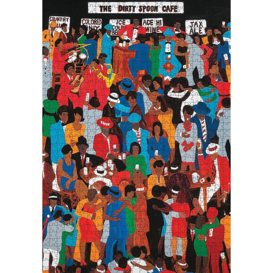 The Dirty Spoon Cafe by Winfred Rembert: African American Jigsaw Puzzle (Puzzle Mock Up) - Illustration of a lively scene at 'The Dirty Spoon Cafe' with people dancing and socializing.