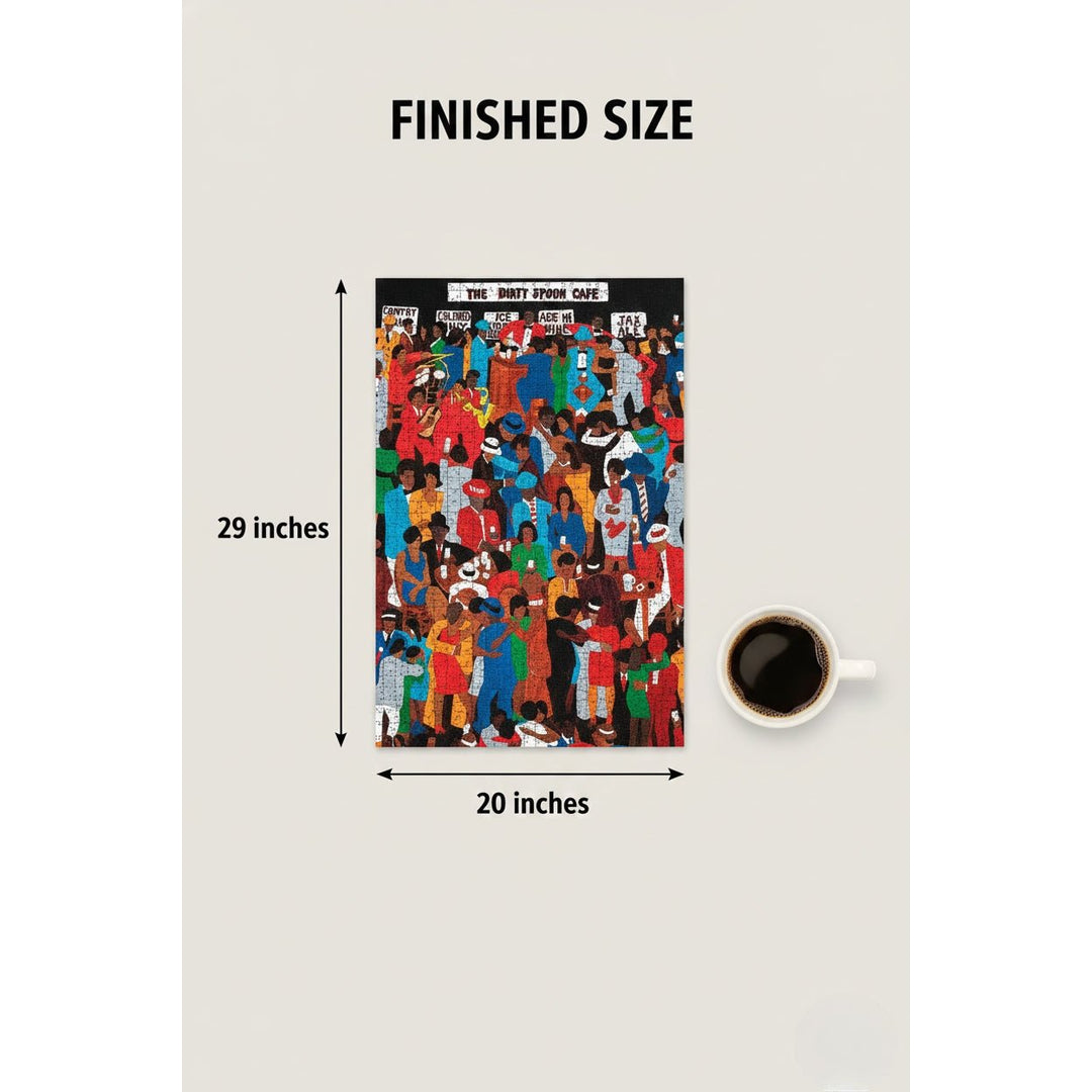 The Dirty Spoon Cafe by Winfred Rembert: African American Jigsaw Puzzle (Sizing Guide) - Poster with dimensions shown next to a coffee cup on a light gray background