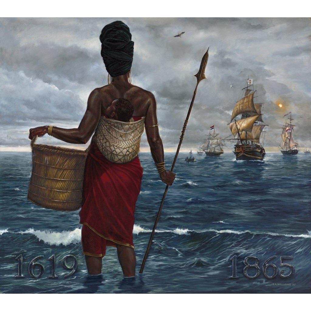 African woman with baby, holding spear and basket facing slave ships - The Gatherer by K.A. Williams II (WAK)