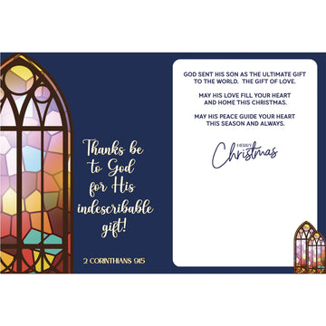 The Greatest Gift: African American Christmas Card Box Set by Janine Kai Robinson (Interior) - A Christmas-themed thank you card with a dark navy blue background, a stained-glass window illustration on the left, a white text box with holiday greetings on the right, and a small stained-glass icon in the bottom right corner.