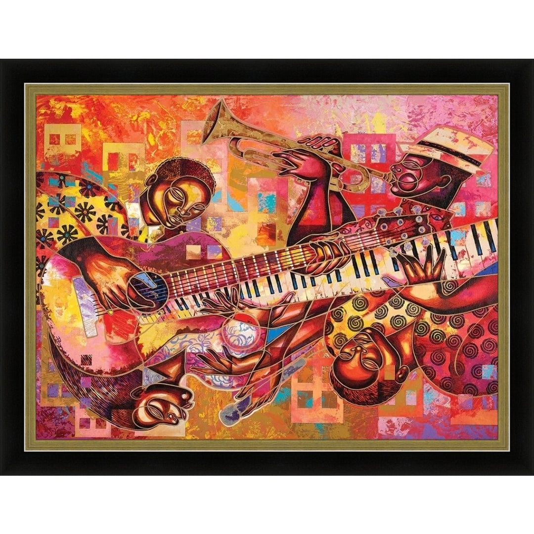 The Jazz Dimension by Larry "Poncho" Brown (Black and Gold Frame) - Colorful abstract artwork featuring musical instruments and animals.
