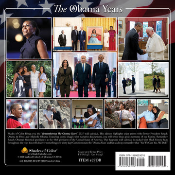 Remembering the Obama Years: 2027 Commemorative Black History Wall Calendar (Rear) - Back cover of a 'Remembering The Obama Years' calendar book by Shades of Color, featuring a collage of photos of Barack and Michelle Obama, with text and a barcode.