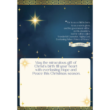 The Savior Is Born: African American  Christmas Card Box Set by Janine Kai Robinson (Interior) - A Christmas-themed greeting card featuring a dark blue background with gold stars, a Greek key border, a gold starburst, and a quote from Isaiah 34:10. The lower portion has a cream-colored text box with a message about Christmas and hope.