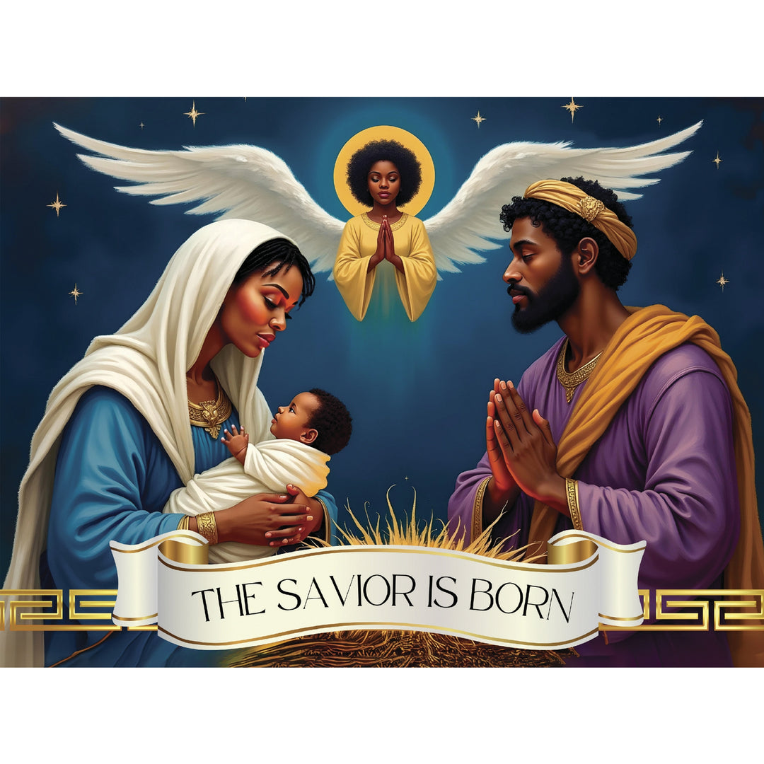 The Savior Is Born: African American  Christmas Card Box Set by Janine Kai Robinson (Main) - Religious art print depicting the Holy Family with an angel above them. The mother wears a blue robe and white veil, holding a swaddled baby.