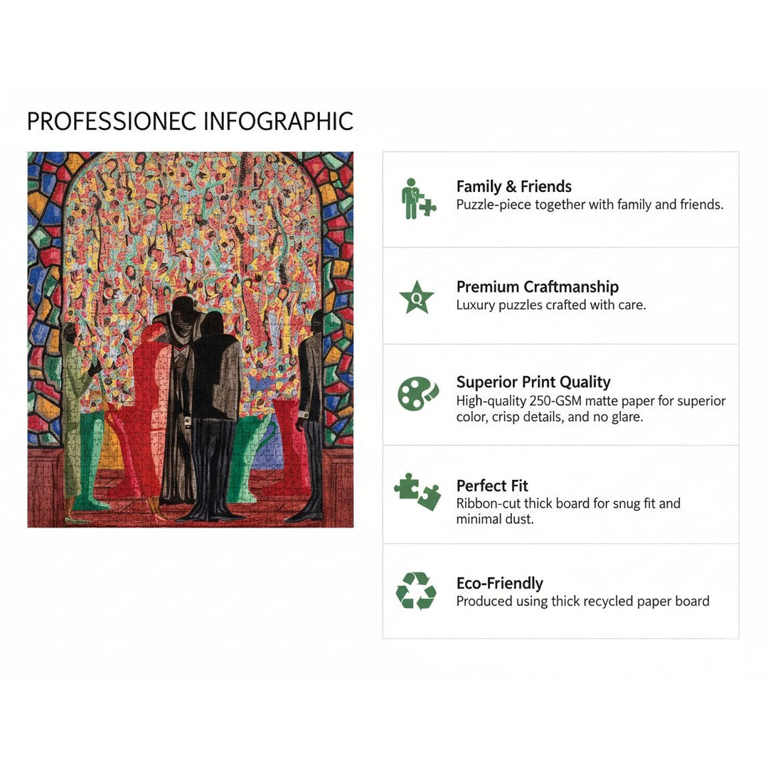 The Wedding by Jacob Lawrence: African American Jigsaw Puzzle (Infographic) - Infographic about puzzle features with a colorful illustration of people around a tree.