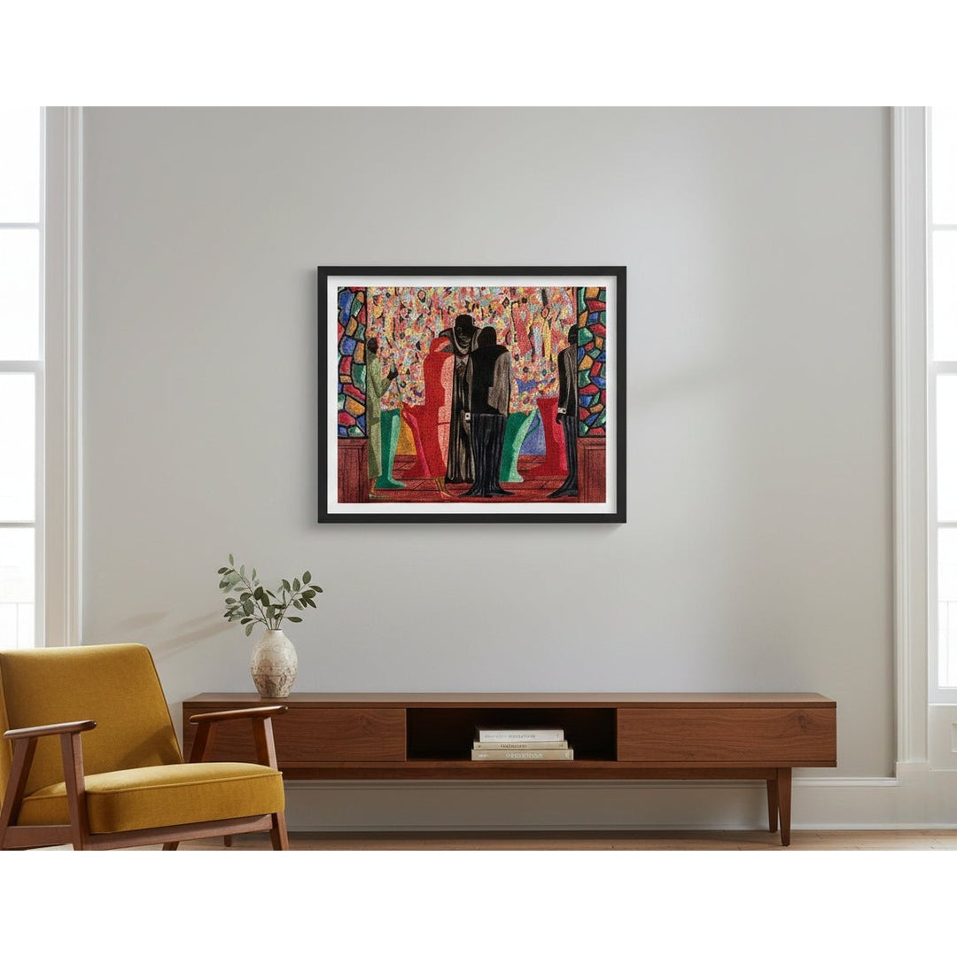 The Wedding by Jacob Lawrence: African American Jigsaw Puzzle (Lifestyle 2) - Colorful abstract painting on a wall above a wooden console table in a living room.