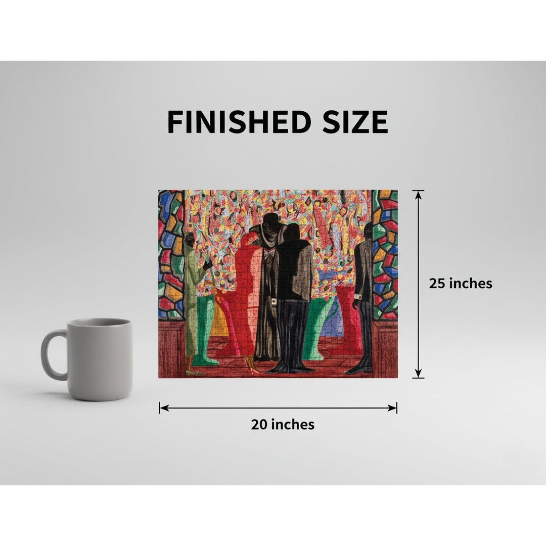 The Wedding by Jacob Lawrence: African American Jigsaw Puzzle (Sizing Guide) - Artistic depiction of people with a mug for scale on a gray background