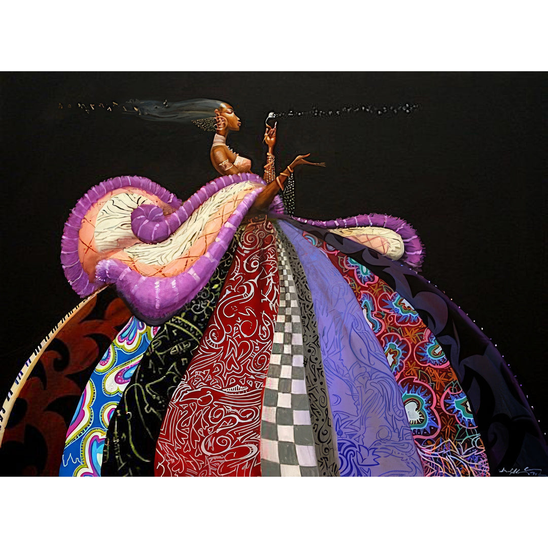 The Wish by Frank Morrison (Main) - Colorful artwork of a woman with a long, patterned dress against a black background