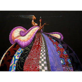 The Wish by Frank Morrison (Main) - Colorful artwork of a woman with a long, patterned dress against a black background