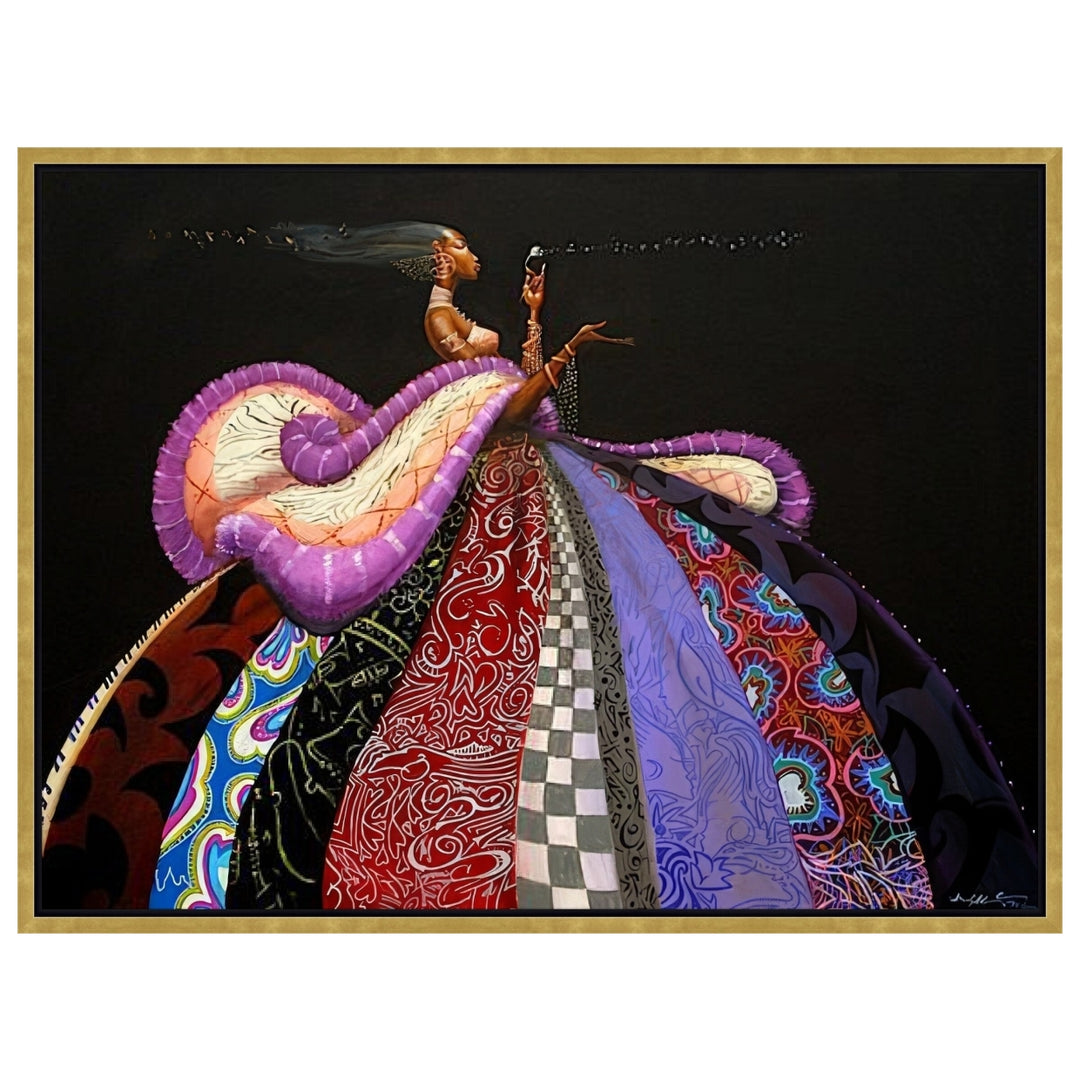 The Wish by Frank Morrison (Stretched Canvas, Gold Frame) - Colorful abstract painting of a figure with flowing patterns on a black background