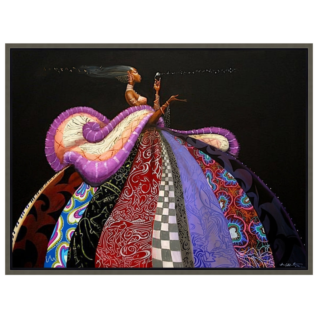 The Wish by Frank Morrison (Stretched Canvas, Gray Frame) - Colorful abstract artwork of a figure with flowing patterns on a black background