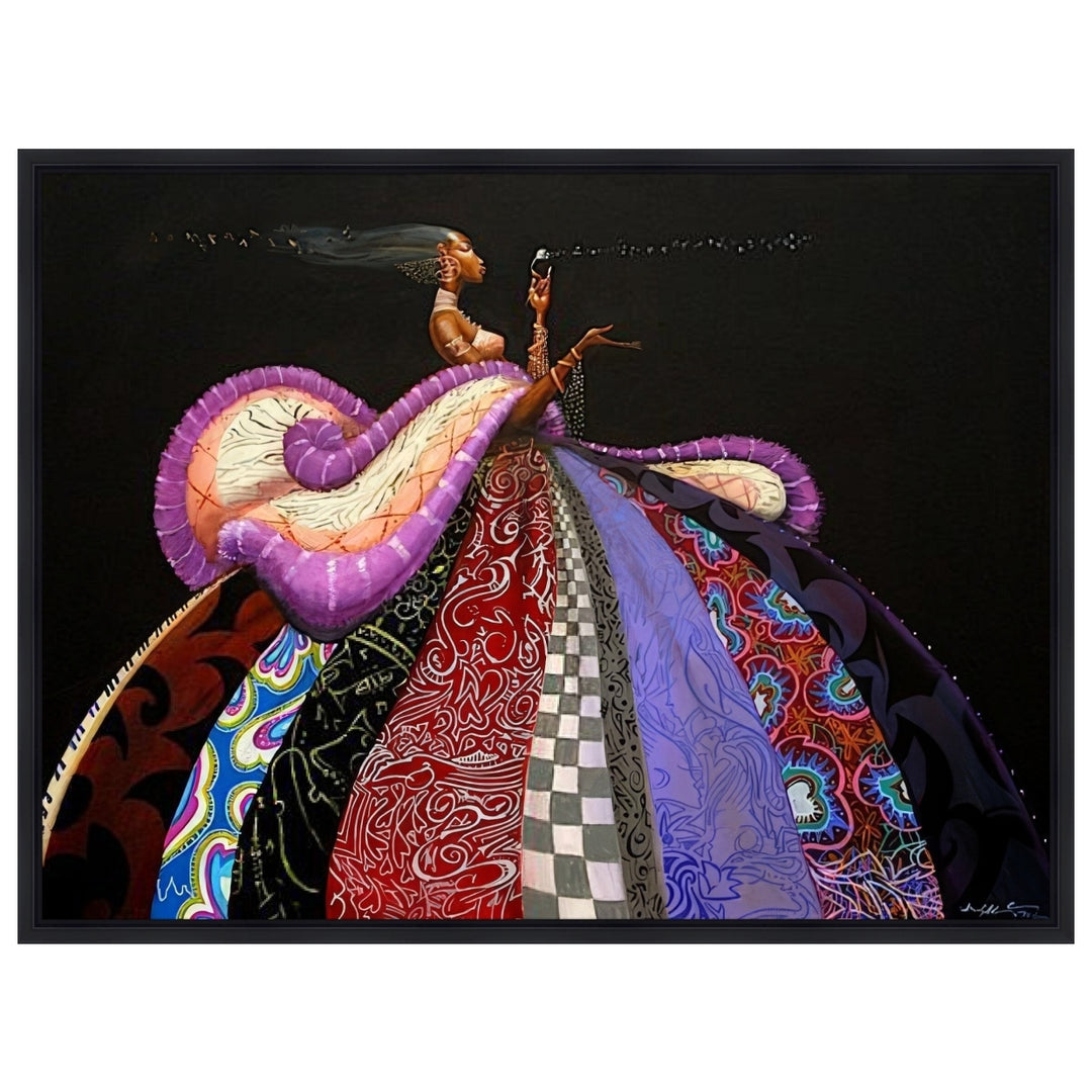 The Wish by Frank Morrison (Stretched Canvas, Black Frame) - Colorful abstract artwork with a figure and dynamic patterns on a black background