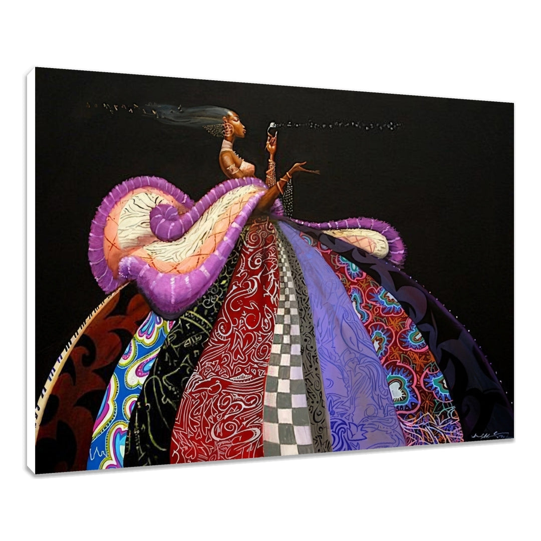 The Wish by Frank Morrison (Stretched Canvas) - Colorful abstract art piece with intricate patterns on a black background