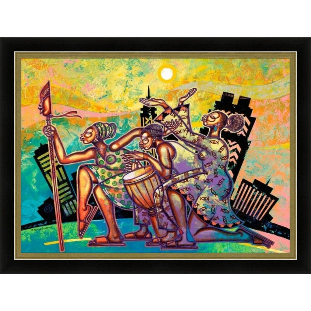 The Culture Keepers by Larry "Poncho" Brown (Black and Gold Frame) - Colorful abstract artwork of three figures playing musical instruments with a cityscape background.