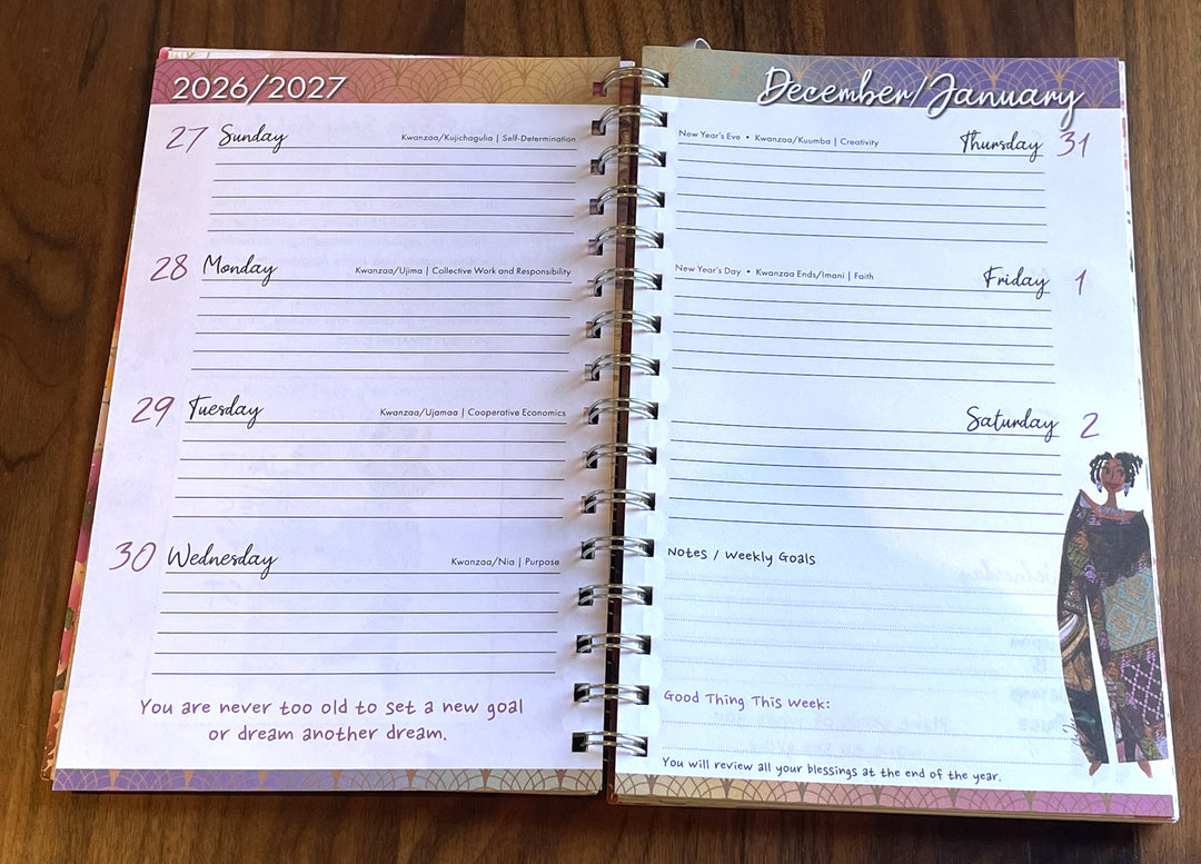 Weekly spread with Kwanzaa principles, weekly goals and Good Thing This Week