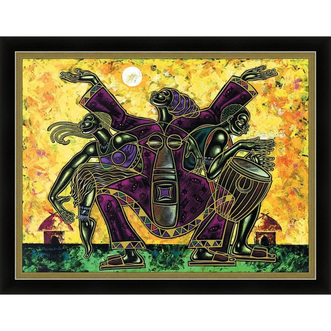 To the Beat of the Drum by Larry "Poncho" Brown (Black and Gold Frame) - Colorful artwork of two figures in purple robes with a drum on a yellow background