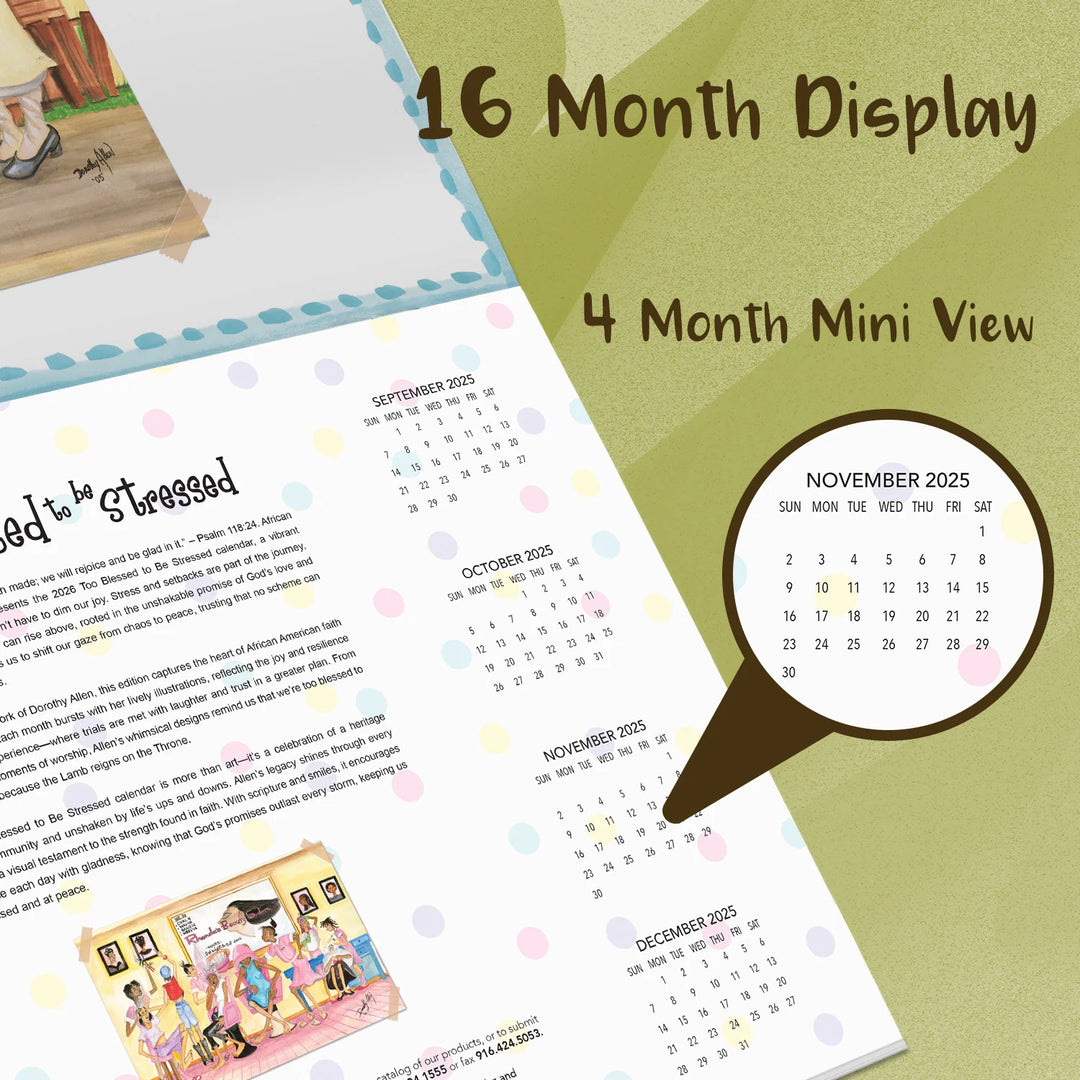 Too Blessed to be Stressed: Art of Dorothy Allen 2026 African American Wall Calendar (16 Month View) - Calendar with 16 month display and 4 month mini view on a green background