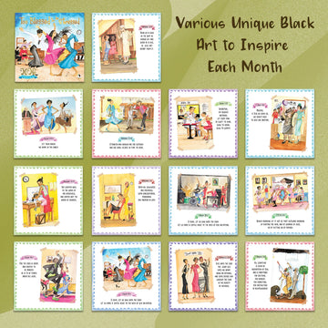 Too Blessed to be Stressed: Art of Dorothy Allen 2026 African American Wall Calendar (Inside Artwork) - Collection of black art prints on a green background with text 'Various Unique Black Art to Inspire Each Month'.