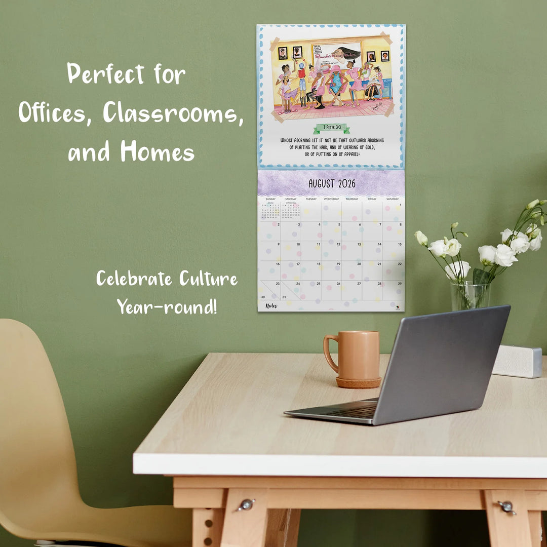 Too Blessed to be Stressed: Art of Dorothy Allen 2026 African American Wall Calendar (Lifestyle) - Calendar on a wall above a desk with a laptop and mug, text about its use in offices, classrooms, and homes.