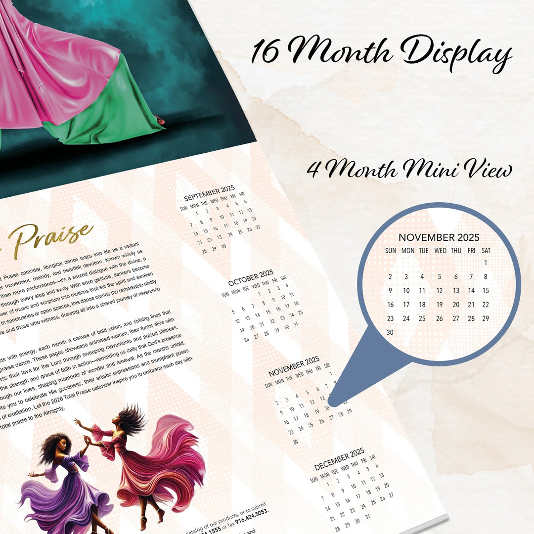 Total Praise: The Art of Greg Perkins 2026 African American Wall Calendar (16 Month View) - Calendar with artistic design and text, featuring a '16 Month Display' and '4 Month Mini View'.