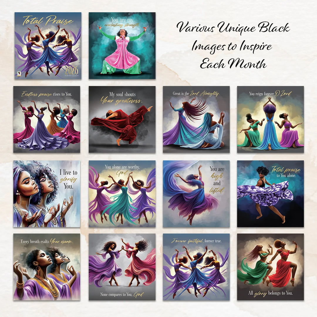 Total Praise: The Art of Greg Perkins 2026 African American Wall Calendar (Inside Artwork) - Collection of 12 posters featuring artistic depictions of women in colorful dresses with inspirational text.