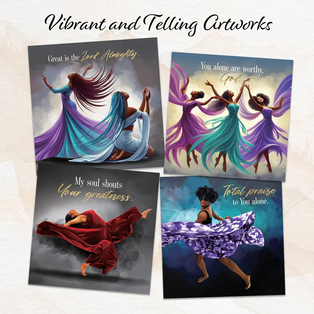 Total Praise: The Art of Greg Perkins 2026 African American Wall Calendar (Inside Artwork 2) - Four artistic prints featuring women in flowing dresses with inspirational text on a beige background.