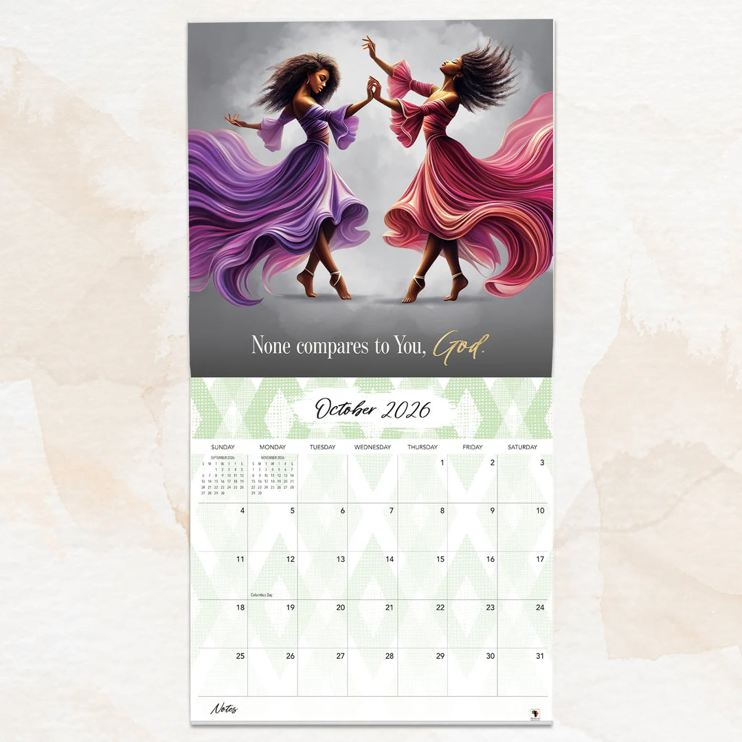 Total Praise: The Art of Greg Perkins 2026 African American Wall Calendar (Interior) - Calendar with artistic depiction of two women in flowing dresses and a motivational quote.