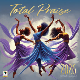Total Praise: The Art of Greg Perkins 2026 African American Wall Calendar (Main) - 2026 Total Praise calendar with three women dancing in flowing dresses against a cloudy sky.