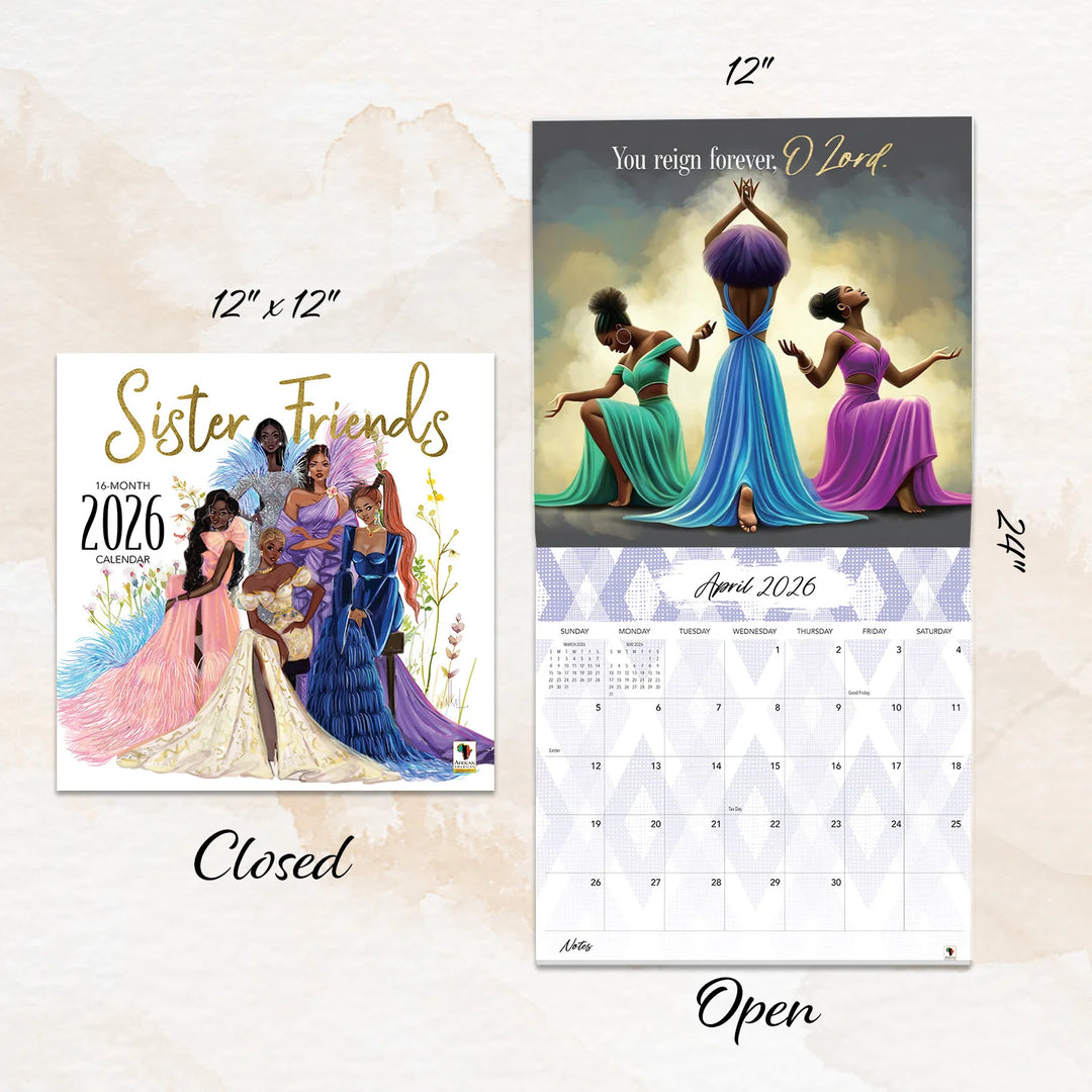 Total Praise: The Art of Greg Perkins 2026 African American Wall Calendar (Sizing Guide) - Calendar with illustrations of women in colorful dresses on a beige background