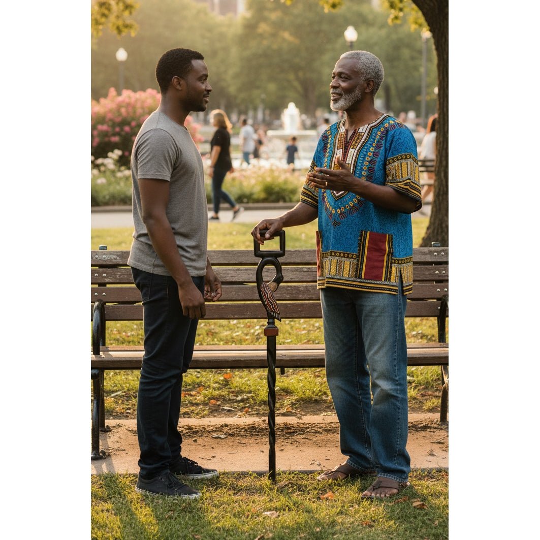 Tracing Roots (Sankofa): Decorative African Wooden Walking Stick (Lifestyle) - Two men standing in a park, one holding a walking cane.