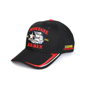 Tuskegee Airmen 99th Fighter Squadron Embroidered Baseball Cap (Main Image) - Black cap with red and yellow text and graphics on a white background