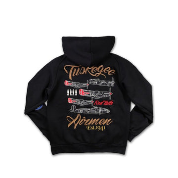 Tuskegee Airmen Squadron Patch Hooded Sweatshirt (Black, Back) - Black hoodie with Tuskegee Airmen design on the back