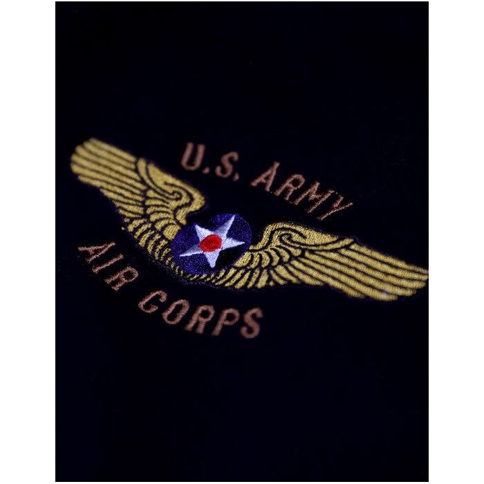 Tuskegee Airmen Squadron Patch Hooded Sweatshirt (Black, Front Detail) - U.S. Army Air Corps emblem on a black background