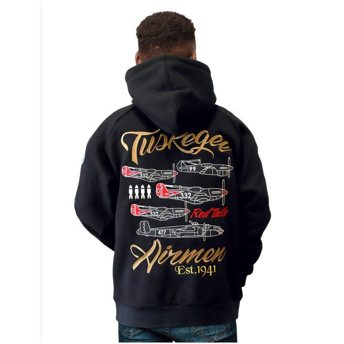 Tuskegee Airmen Squadron Patch Hooded Sweatshirt (Black, Lifestyle, Back) - Black hoodie with gold and red airplane graphics and text on the back, worn by a person.