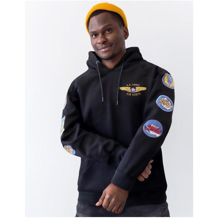 Tuskegee Airmen Squadron Patch Hooded Sweatshirt (Balck, Lifestyle) - Person wearing a black hoodie with patches on a white background