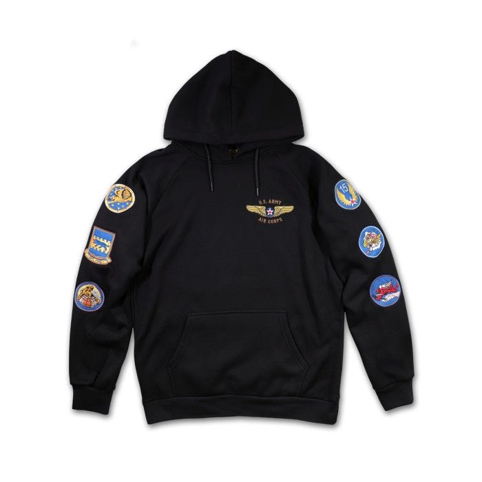 Tuskegee Airmen Squadron Patch Hooded Sweatshirt (Black, Main) - Black hoodie with various patches on a white background