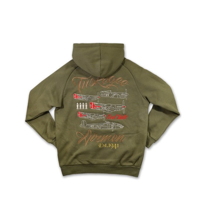 Tuskegee Airmen Squadron Patch Hooded Sweatshirt (Green, Rear). Green hoodie with airplane graphics and text on the back against a white background