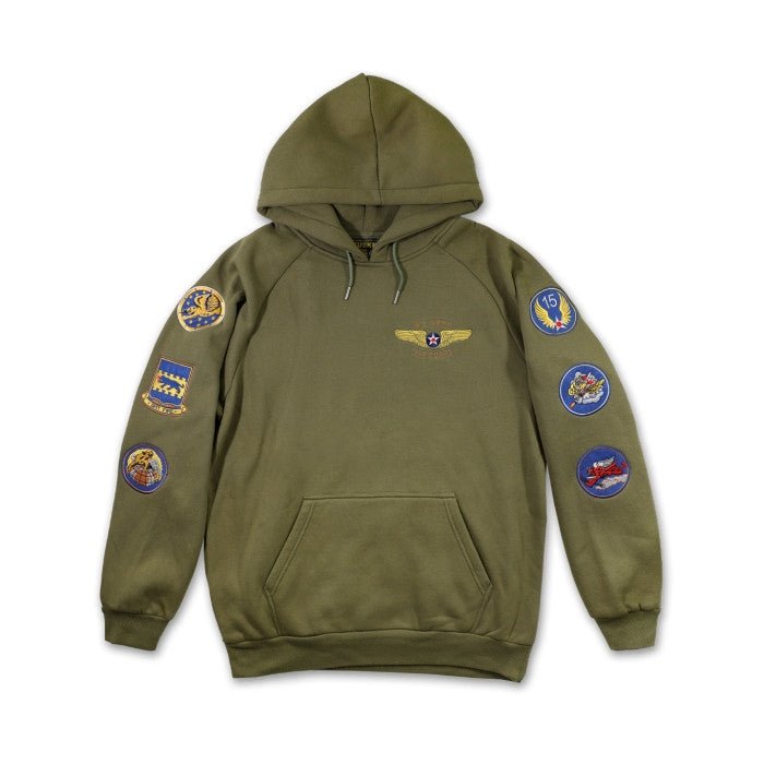 Tuskegee Airmen Squadron Patch Hooded Sweatshirt (Main, Green) - Green hoodie with various patches on a white background