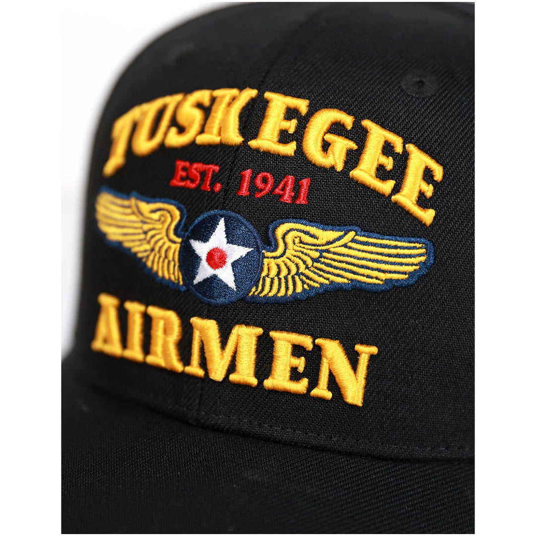 Tuskegee Airmen Est. 1941 Embroidered Baseball Cap (Front Detail) - Black cap with ' Tuskegee Airmen' text and emblem on a white background