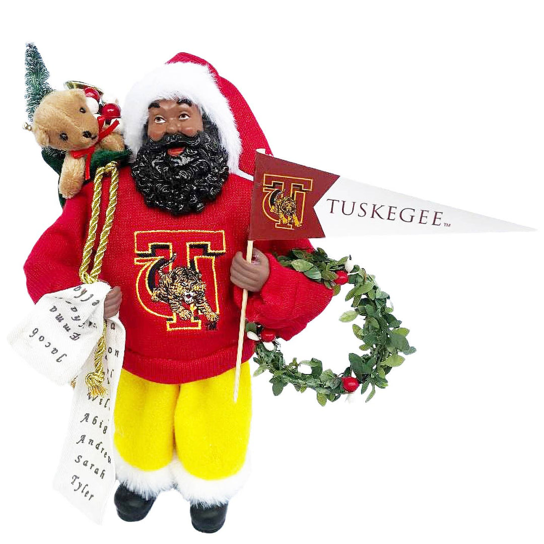 Tuskegee Proud Santa figurine in crimson T sweater with gold pants and pennant