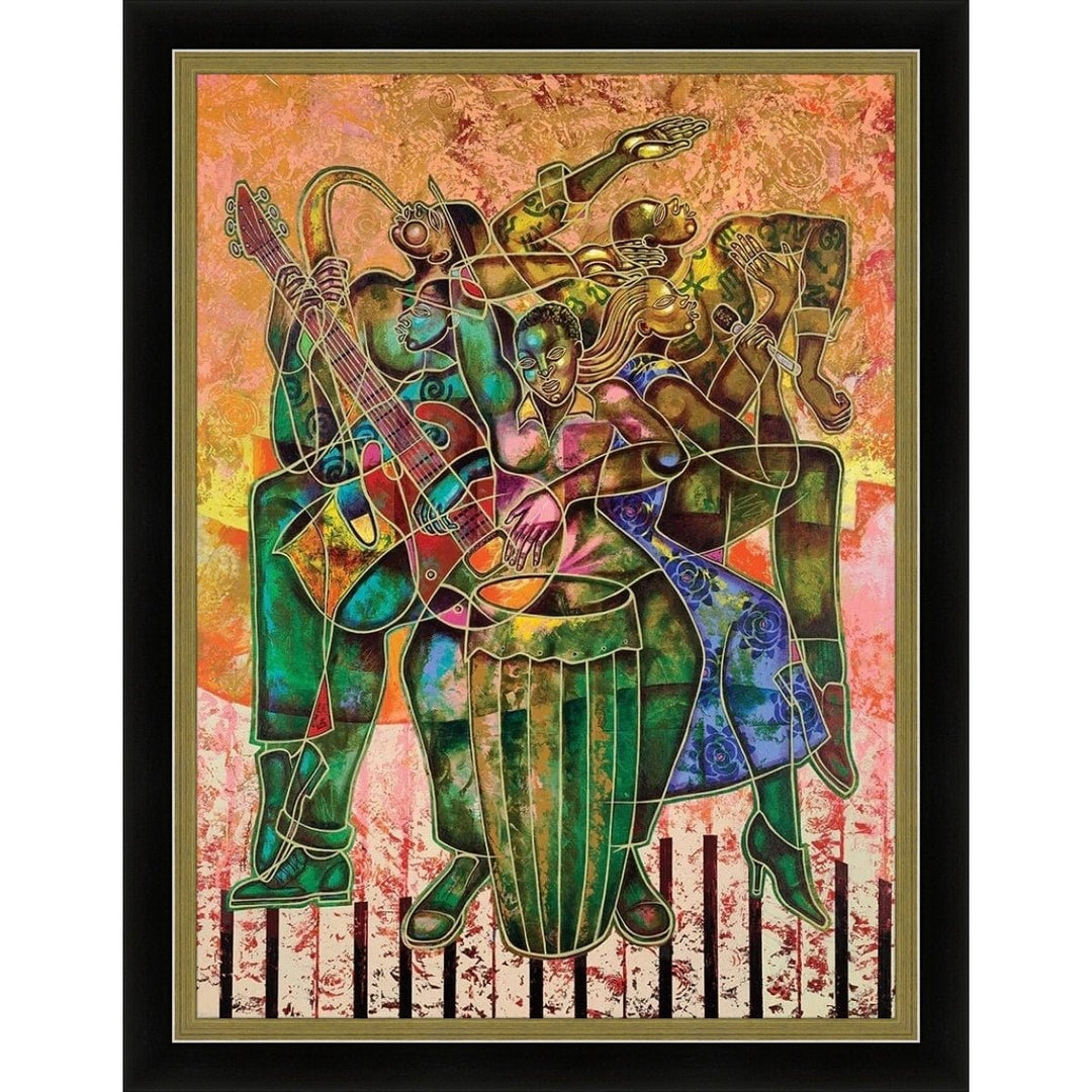 Two Street Sounds by Larry "Poncho" Brown (Black and Gold Frame) - Colorful abstract artwork of musicians playing instruments on a textured background