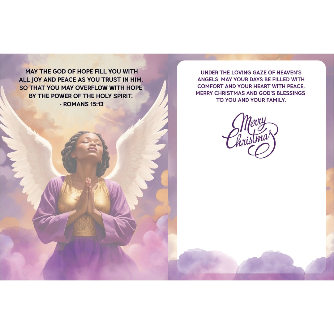 Peace, Joy and Endless Blessings: African American Christmas Card Box Set by Janine Kai Robinson (Interior) - A Christmas greeting card shown front and back. The front features an angel with white wings in a purple robe, praying, with Bible verse text on the left and a white text panel on the right that says 'Merry Christmas.