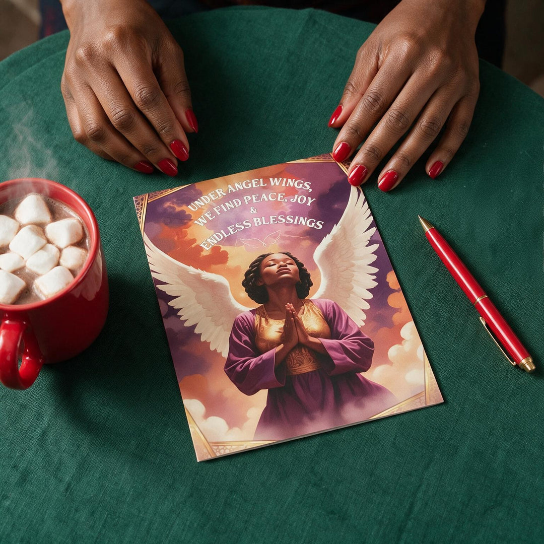 Peace, Joy and Endless Blessings: African American Christmas Card Box Set by Janine Kai Robinson (Lifestyle 2) - A printed card or art print featuring an angel with large white wings and the text 'Under Angel Wings We Find Peace, Joy, and Endless Blessings' lies on a green table. A person's hands with red nail polish rest near the top of the frame, and a red mug of marshmallow coffee and a red pen are also visible.