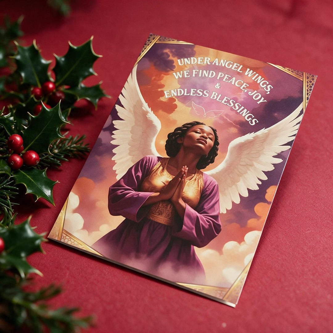 Peace, Joy and Endless Blessings: African American Christmas Card Box Set by Janine Kai Robinson (Lifestyle 3) - A Christmas-themed greeting card featuring an angel with white wings and a purple robe, surrounded by holiday holly on a red background. The card reads, 'UNDER ANGEL WINGS WE FIND PEACE, JOY & ENDLESS BLESSINGS'.