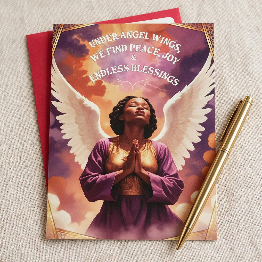 Peace, Joy and Endless Blessings: African American Christmas Card Box Set by Janine Kai Robinson (Lifestyle 4) - A printed card or art print featuring an angel with large white wings, hands together in prayer, and the text 'UNDER ANGEL WINGS WE FIND PEACE, JOY & ENDLESS BLESSINGS,' styled on a beige fabric surface with a red envelope behind it and a gold pen beside it.